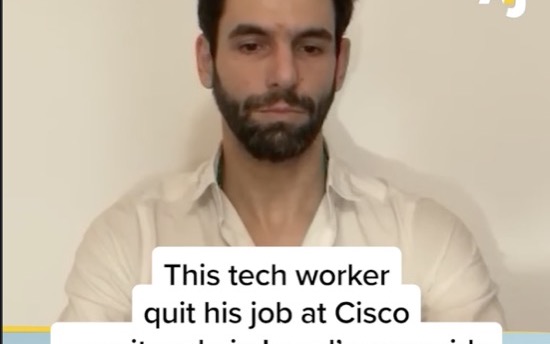 AJ+ video still of a Cisco employee describing why he quit his job over Israel's genocide in Gaza