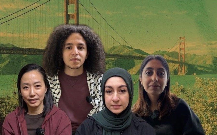 Four tech workers from Bridge to Humanity posed in front of the Golden Gate Bridge